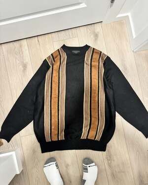 Platinum Mode Vintage 90s Black Tan Textured Vertical Stripe Pullover Sweater XL
